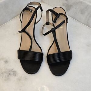 Joan Oloff Black Leather Ankle Strap Heels T-Strap Sandals Size 9M